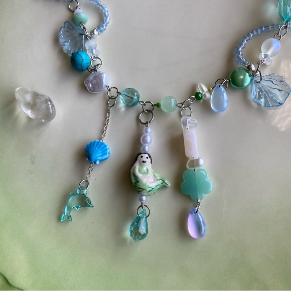 Mermaid Charm Necklace Silver Chain Mixed Beads Pendant Ocean Mermaidcore Blues - Picture 5 of 10